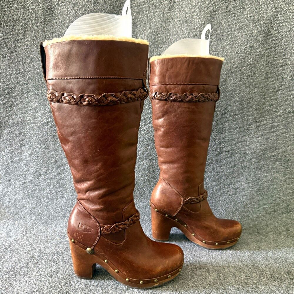 Vtg UGG Savanna 3209 Brown Leather Tall Clog Boots Wooden Heel Boho 7/38 Y2K